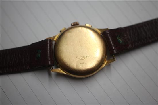 A gentlemans 1940s? Swiss 18ct gold Jolus manual wind chronograph wrist watch,